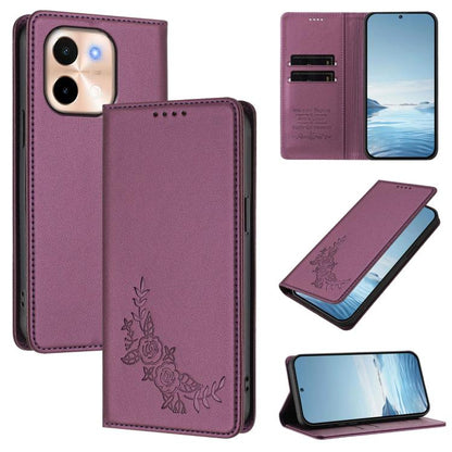 Peony Embossed Magnetic RFID Vegan Leather Phone Case, For vivo S19, For vivo Y28 4G Global