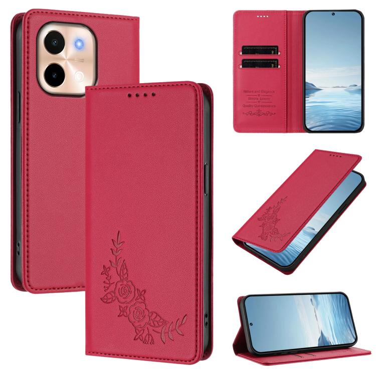 Peony Embossed Magnetic RFID Vegan Leather Phone Case, For vivo S19, For vivo Y28 4G Global