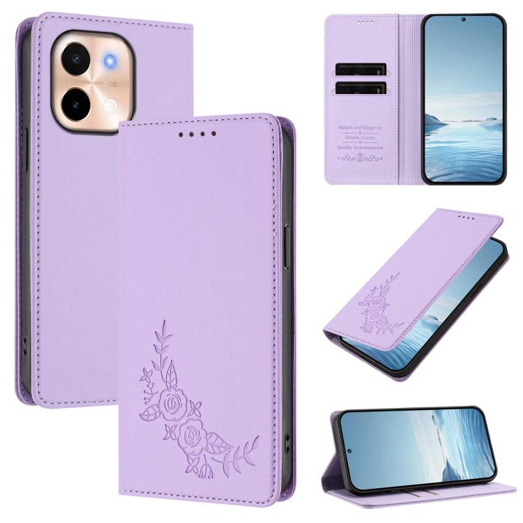 Peony Embossed Magnetic RFID Vegan Leather Phone Case, For vivo S19, For vivo Y28 4G Global