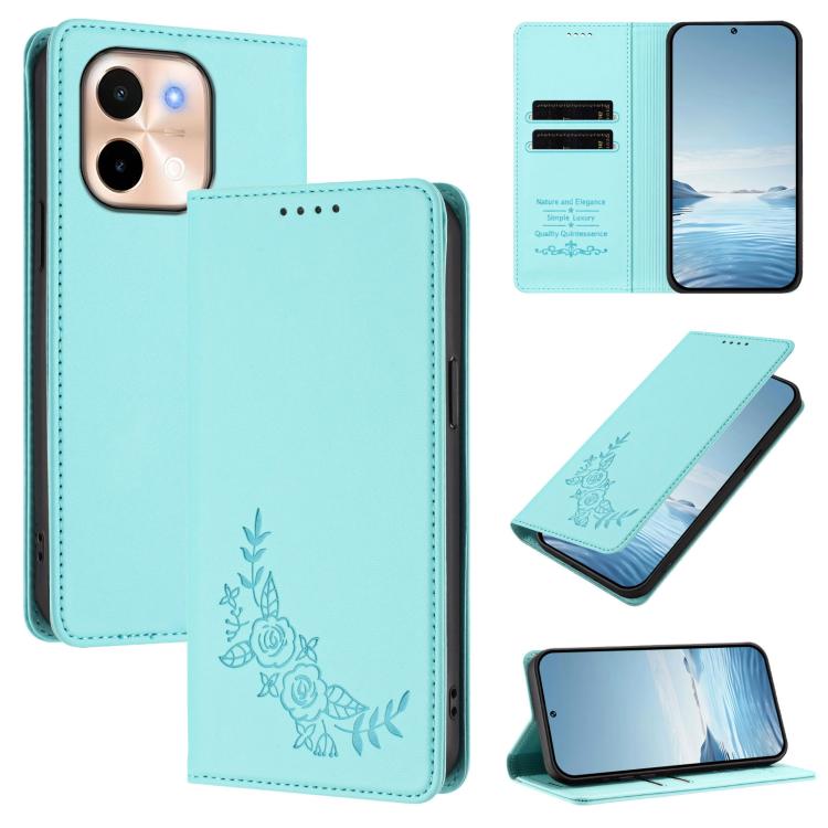 Peony Embossed Magnetic RFID Vegan Leather Phone Case, For vivo S19, For vivo Y28 4G Global