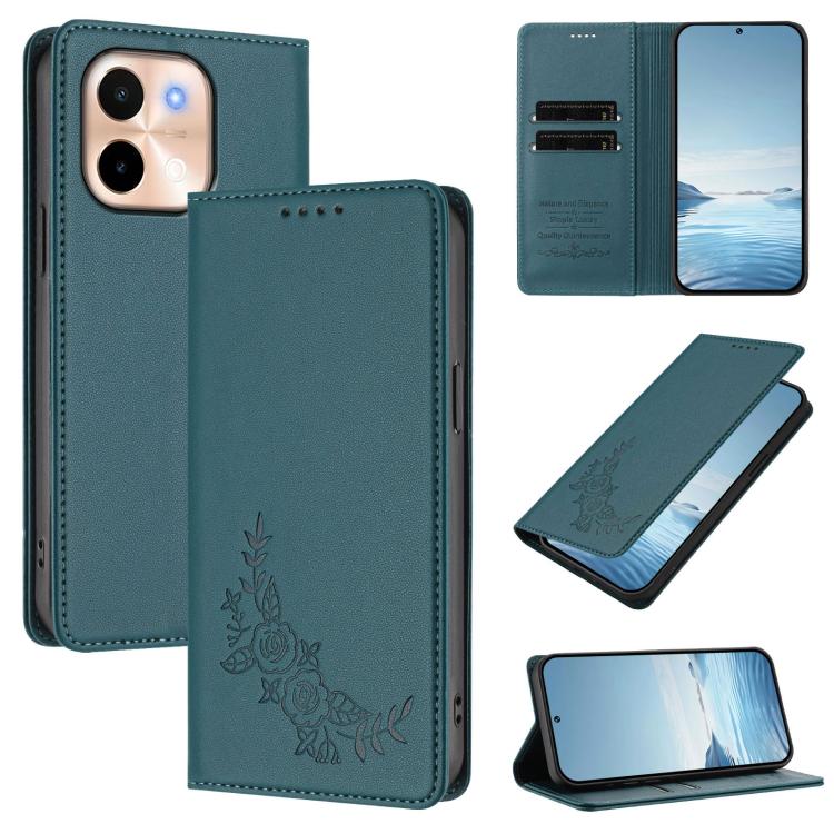 Peony Embossed Magnetic RFID Vegan Leather Phone Case, For vivo S19, For vivo Y28 4G Global