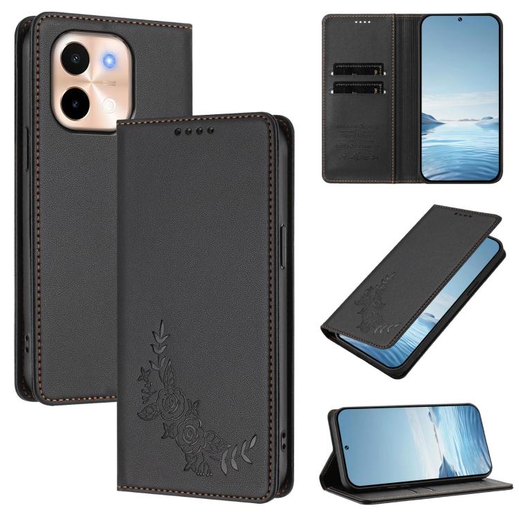 Peony Embossed Magnetic RFID Vegan Leather Phone Case, For vivo S19, For vivo Y28 4G Global