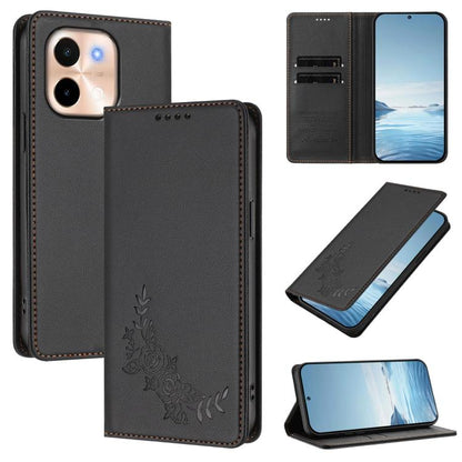 Peony Embossed Magnetic RFID Vegan Leather Phone Case, For vivo S19, For vivo Y28 4G Global