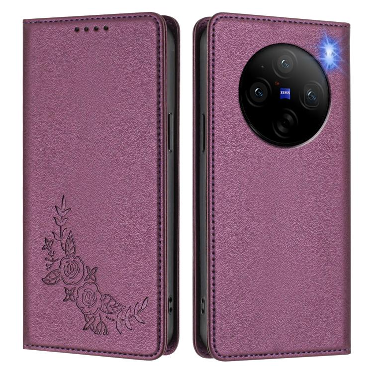 Peony Embossed Magnetic RFID Vegan Leather Phone Case, For vivo X100 Pro / X100s Pro 5G, For vivo X100s 5G