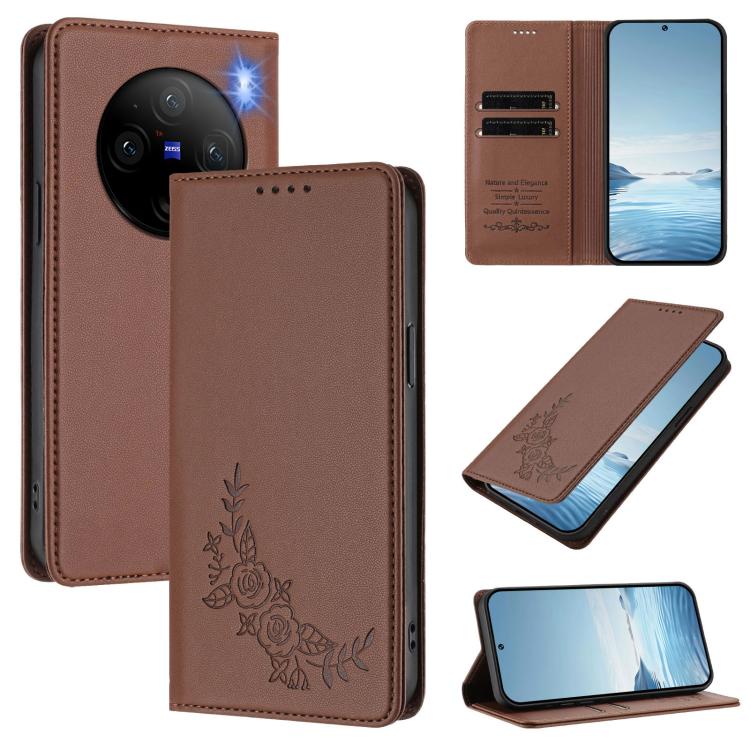 Peony Embossed Magnetic RFID Vegan Leather Phone Case, For vivo X100 Pro / X100s Pro 5G, For vivo X100s 5G
