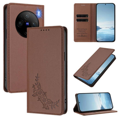 Peony Embossed Magnetic RFID Vegan Leather Phone Case, For vivo X100 Pro / X100s Pro 5G, For vivo X100s 5G