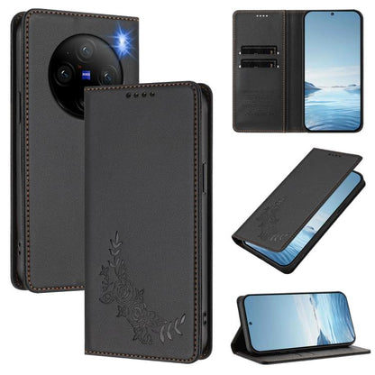 Peony Embossed Magnetic RFID Vegan Leather Phone Case, For vivo X100 Pro / X100s Pro 5G, For vivo X100s 5G