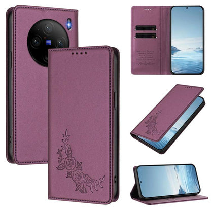 Peony Embossed Magnetic RFID Vegan Leather Phone Case, For vivo X100 Pro / X100s Pro 5G, For vivo X100s 5G