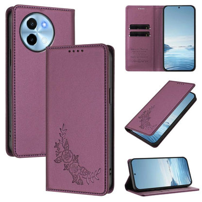 Peony Embossed Magnetic RFID Vegan Leather Phone Case, For vivo Y38 5G / T3x 5G Global, For vivo iQOO Z9x