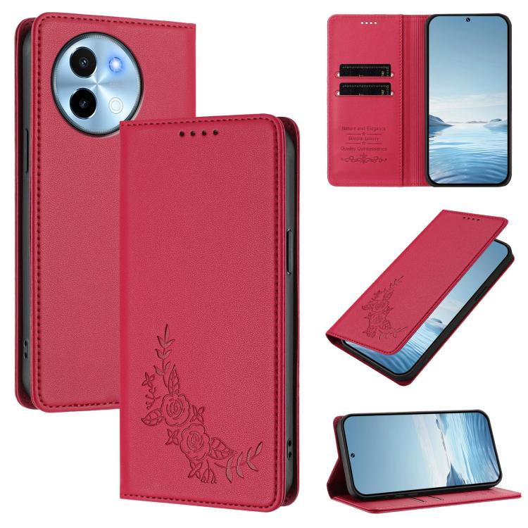 Peony Embossed Magnetic RFID Vegan Leather Phone Case, For vivo Y38 5G / T3x 5G Global, For vivo iQOO Z9x