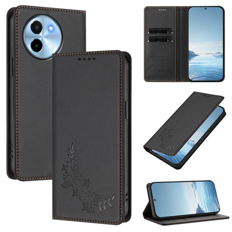 Peony Embossed Magnetic RFID Vegan Leather Phone Case, For vivo Y38 5G / T3x 5G Global, For vivo iQOO Z9x