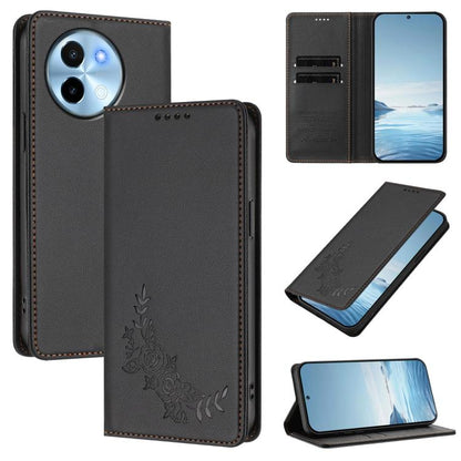 Peony Embossed Magnetic RFID Vegan Leather Phone Case, For vivo Y38 5G / T3x 5G Global, For vivo iQOO Z9x