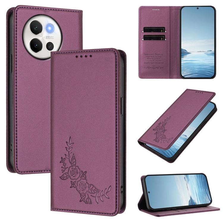 Peony Embossed Magnetic RFID Vegan Leather Phone Case, For vivo Y03 4G / Y18 4G / Y28s Global, For vivo V40 Lite 5G / V30e 5G Global