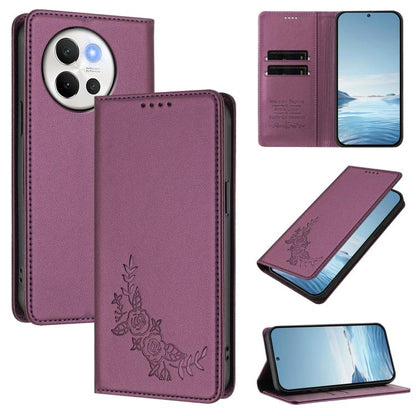 Peony Embossed Magnetic RFID Vegan Leather Phone Case, For vivo Y03 4G / Y18 4G / Y28s Global, For vivo V40 Lite 5G / V30e 5G Global