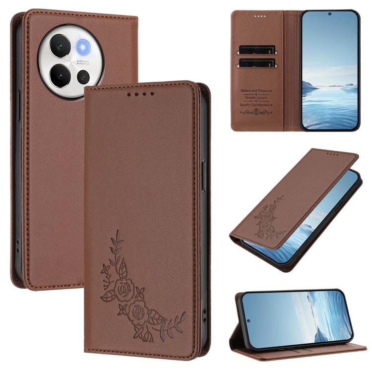 Peony Embossed Magnetic RFID Vegan Leather Phone Case, For vivo Y03 4G / Y18 4G / Y28s Global, For vivo V40 Lite 5G / V30e 5G Global