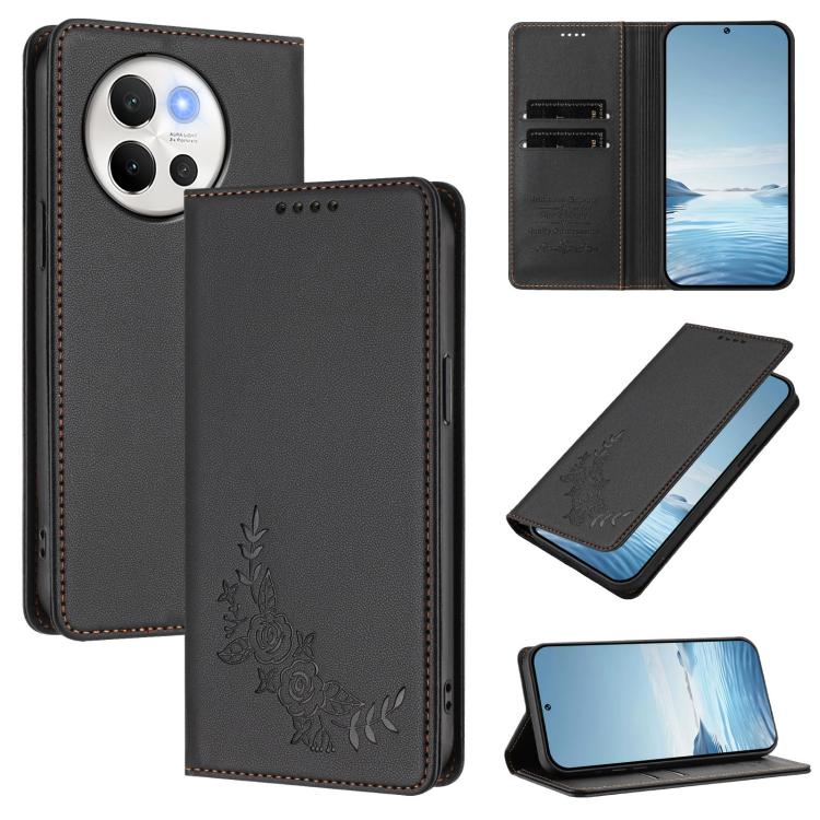 Peony Embossed Magnetic RFID Vegan Leather Phone Case, For vivo Y03 4G / Y18 4G / Y28s Global, For vivo V40 Lite 5G / V30e 5G Global