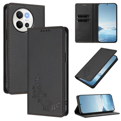 Peony Embossed Magnetic RFID Vegan Leather Phone Case, For vivo Y03 4G / Y18 4G / Y28s Global, For vivo V40 Lite 5G / V30e 5G Global