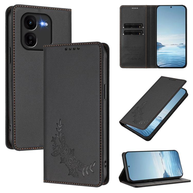 Peony Embossed Magnetic RFID Vegan Leather Phone Case, For vivo Y38 5G / T3x 5G Global, For vivo iQOO Z9x