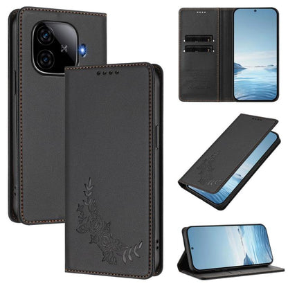 Peony Embossed Magnetic RFID Vegan Leather Phone Case, For vivo iQOO Z9 / Z9 Turbo, For vivo V30 / V30 Pro 5G Global