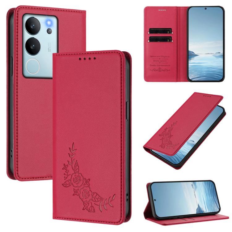 Peony Embossed Magnetic RFID Vegan Leather Phone Case, For vivo V29e 5G / Y200 5G / V30 Lite 5G Global, For vivo X100 5G