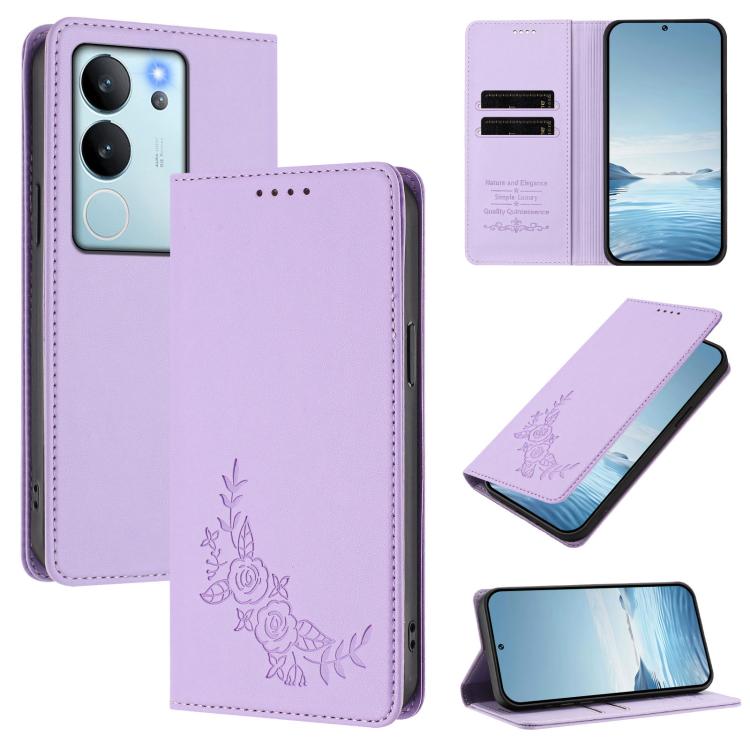 Peony Embossed Magnetic RFID Vegan Leather Phone Case, For vivo V29e 5G / Y200 5G / V30 Lite 5G Global, For vivo X100 5G