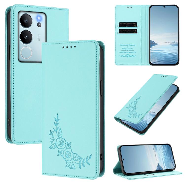 Peony Embossed Magnetic RFID Vegan Leather Phone Case, For vivo V29e 5G / Y200 5G / V30 Lite 5G Global, For vivo X100 5G