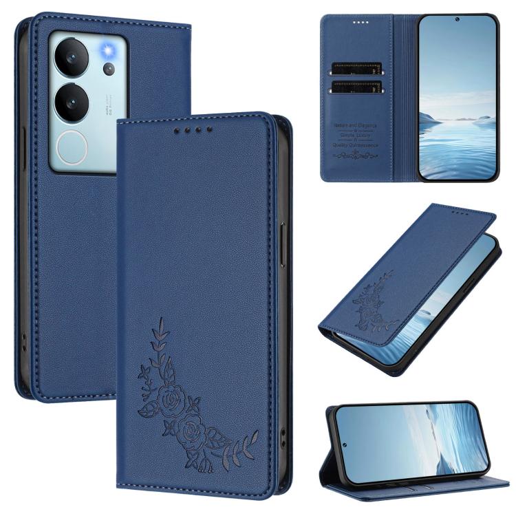 Peony Embossed Magnetic RFID Vegan Leather Phone Case, For vivo V29e 5G / Y200 5G / V30 Lite 5G Global, For vivo X100 5G