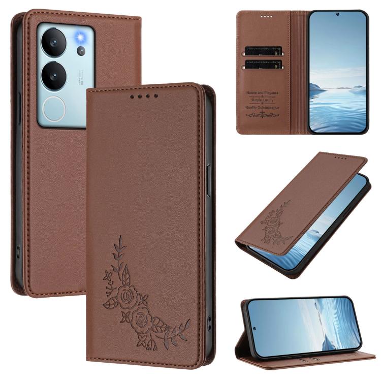 Peony Embossed Magnetic RFID Vegan Leather Phone Case, For vivo V29e 5G / Y200 5G / V30 Lite 5G Global, For vivo X100 5G