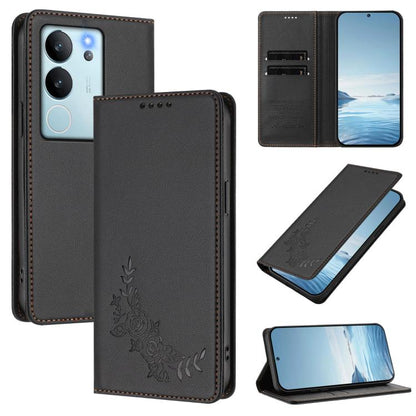 Peony Embossed Magnetic RFID Vegan Leather Phone Case, For vivo V29e 5G / Y200 5G / V30 Lite 5G Global, For vivo X100 5G