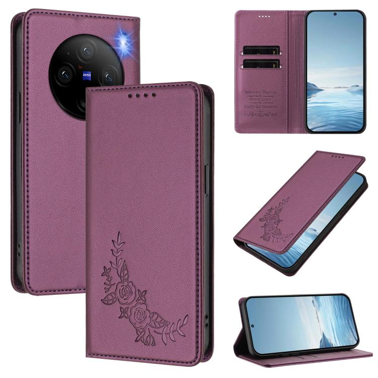Peony Embossed Magnetic RFID Vegan Leather Phone Case, For vivo V29e 5G / Y200 5G / V30 Lite 5G Global, For vivo X100 5G