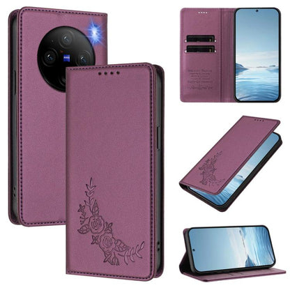 Peony Embossed Magnetic RFID Vegan Leather Phone Case, For vivo V29e 5G / Y200 5G / V30 Lite 5G Global, For vivo X100 5G
