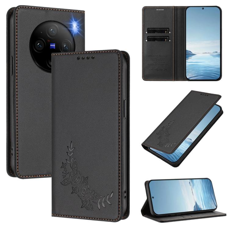 Peony Embossed Magnetic RFID Vegan Leather Phone Case, For vivo V29e 5G / Y200 5G / V30 Lite 5G Global, For vivo X100 5G