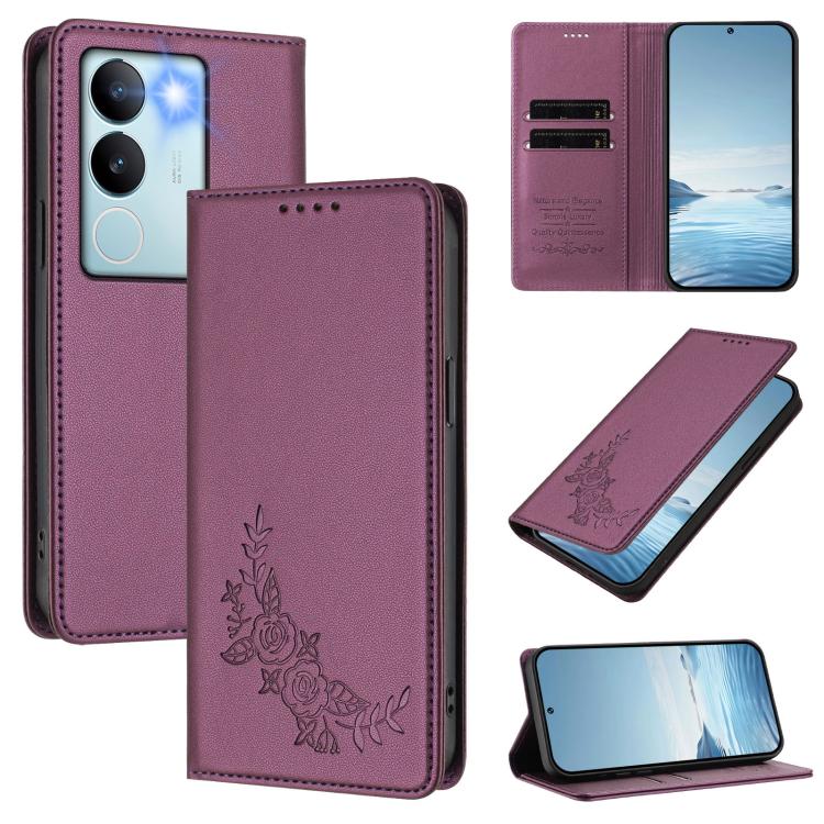 Peony Embossed Magnetic RFID Vegan Leather Phone Case, For vivo Y27s 4G / Y36 4G, For vivo V29 / V29 Pro Global