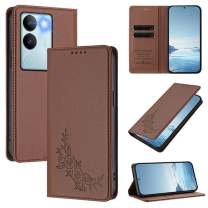 Peony Embossed Magnetic RFID Vegan Leather Phone Case, For vivo Y27s 4G / Y36 4G, For vivo V29 / V29 Pro Global