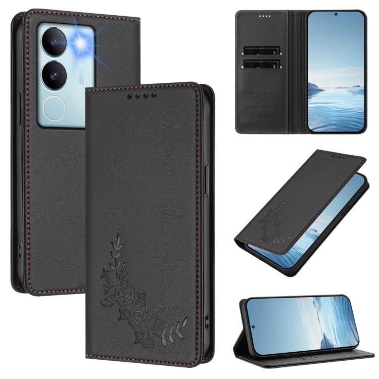 Peony Embossed Magnetic RFID Vegan Leather Phone Case, For vivo Y27s 4G / Y36 4G, For vivo V29 / V29 Pro Global