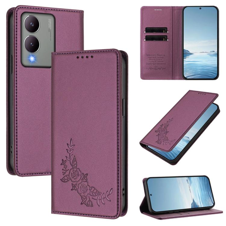 Peony Embossed Magnetic RFID Vegan Leather Phone Case, For vivo Y17s 4G  Global / 5G India, For vivo Y02a 4G / Y02 4G / Y11 / Y02t
