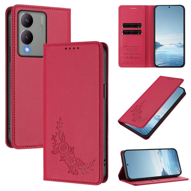 Peony Embossed Magnetic RFID Vegan Leather Phone Case, For vivo Y17s 4G  Global / 5G India, For vivo Y02a 4G / Y02 4G / Y11 / Y02t