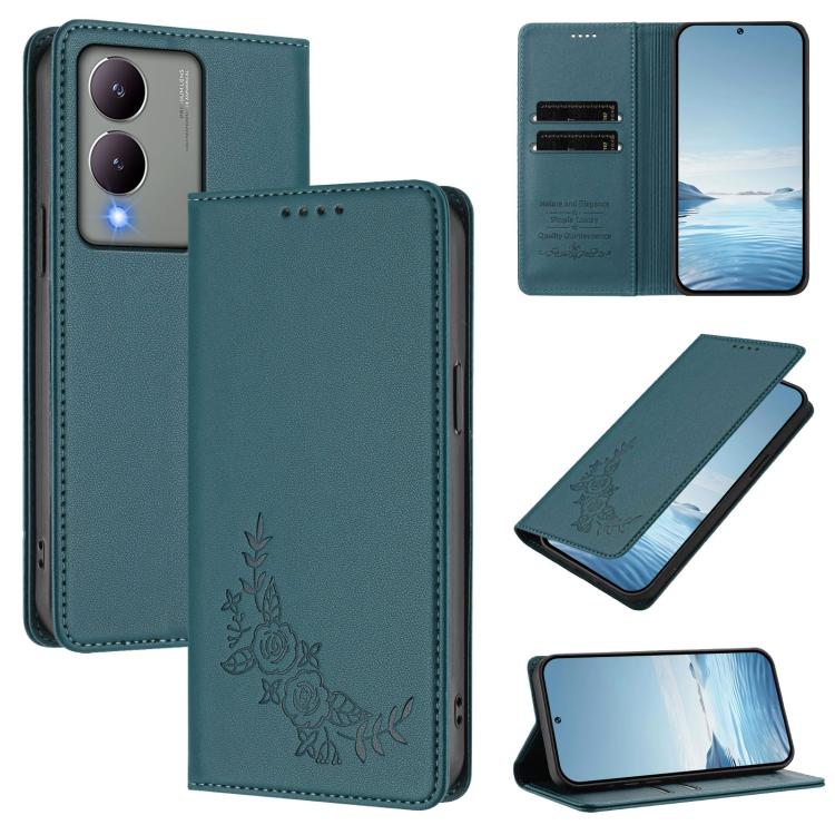 Peony Embossed Magnetic RFID Vegan Leather Phone Case, For vivo Y17s 4G  Global / 5G India, For vivo Y02a 4G / Y02 4G / Y11 / Y02t