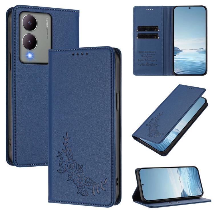 Peony Embossed Magnetic RFID Vegan Leather Phone Case, For vivo Y17s 4G  Global / 5G India, For vivo Y02a 4G / Y02 4G / Y11 / Y02t