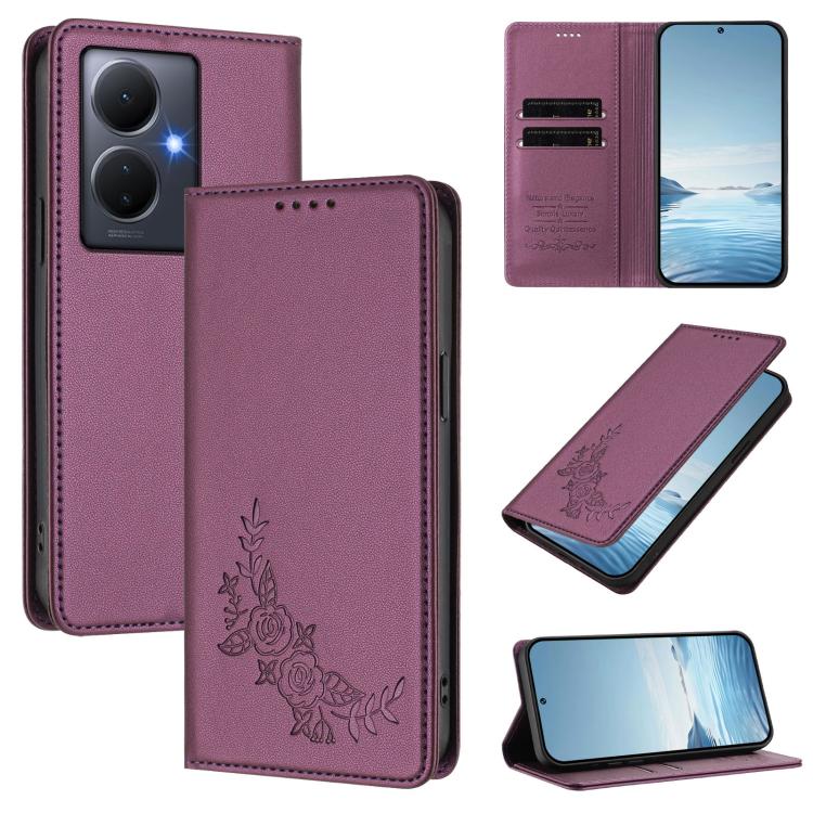 Peony Embossed Magnetic RFID Vegan Leather Phone Case, For vivo Y78+ 5G / Y78 5G Global, For vivo Y100 5G / Y100A 5G India