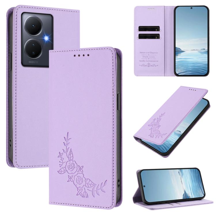 Peony Embossed Magnetic RFID Vegan Leather Phone Case, For vivo Y78+ 5G / Y78 5G Global, For vivo Y100 5G / Y100A 5G India