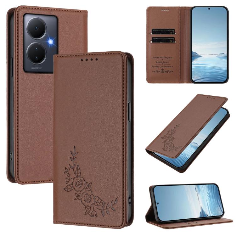 Peony Embossed Magnetic RFID Vegan Leather Phone Case, For vivo Y78+ 5G / Y78 5G Global, For vivo Y100 5G / Y100A 5G India