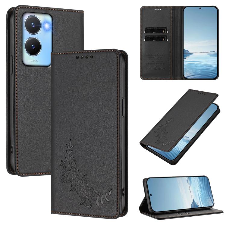 Peony Embossed Magnetic RFID Vegan Leather Phone Case, For vivo Y56 5G / Y16 4G / Y02s 4G, For vivo V27 / V27 Pro 5G Global