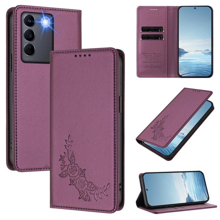 Peony Embossed Magnetic RFID Vegan Leather Phone Case, For vivo Y56 5G / Y16 4G / Y02s 4G, For vivo V27 / V27 Pro 5G Global