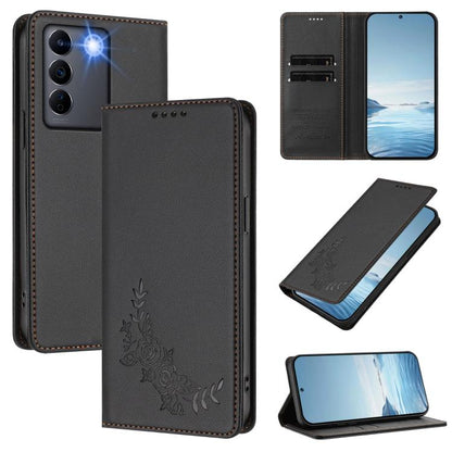 Peony Embossed Magnetic RFID Vegan Leather Phone Case, For vivo Y56 5G / Y16 4G / Y02s 4G, For vivo V27 / V27 Pro 5G Global