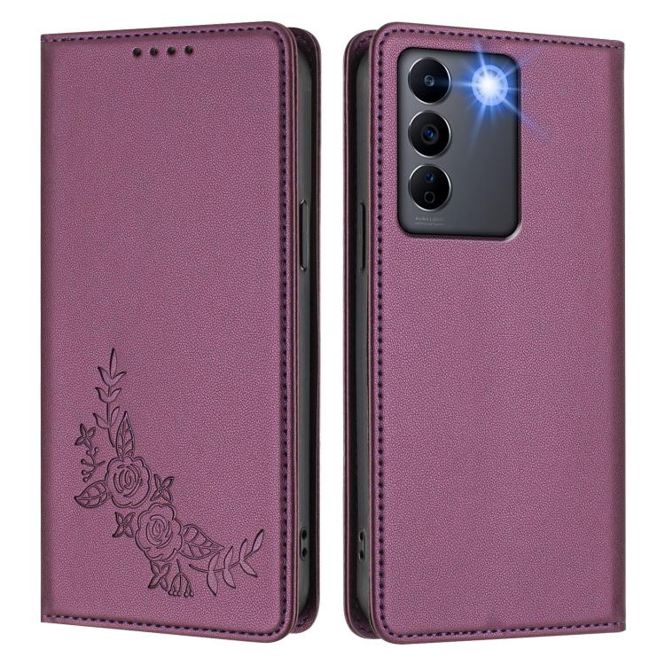 Peony Embossed Magnetic RFID Vegan Leather Phone Case, For vivo V27e 4G / T2 4G Global, For vivo Y55s / Y55 / Y75 5G