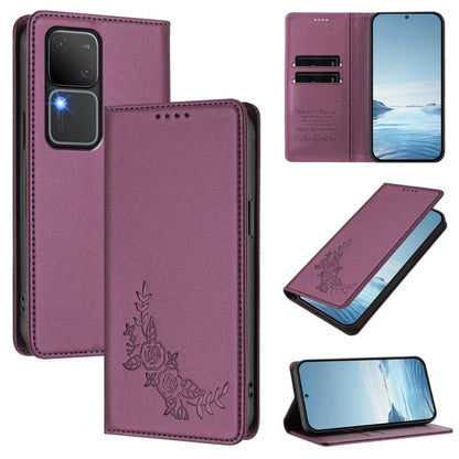 Peony Embossed Magnetic RFID Vegan Leather Phone Case, For vivo iQOO Z9 / Z9 Turbo, For vivo V30 / V30 Pro 5G Global