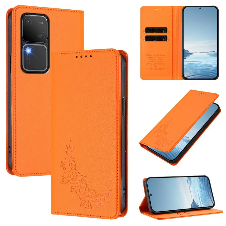 Peony Embossed Magnetic RFID Vegan Leather Phone Case, For vivo iQOO Z9 / Z9 Turbo, For vivo V30 / V30 Pro 5G Global