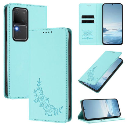 Peony Embossed Magnetic RFID Vegan Leather Phone Case, For vivo iQOO Z9 / Z9 Turbo, For vivo V30 / V30 Pro 5G Global