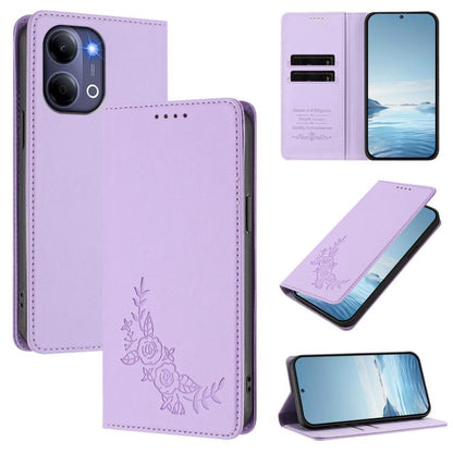 Peony Embossed Magnetic RFID Vegan Leather Phone Case, For vivo Y21 5G Global / Y05 4G, For vivo Y21 5G 2026 / Y04 4G